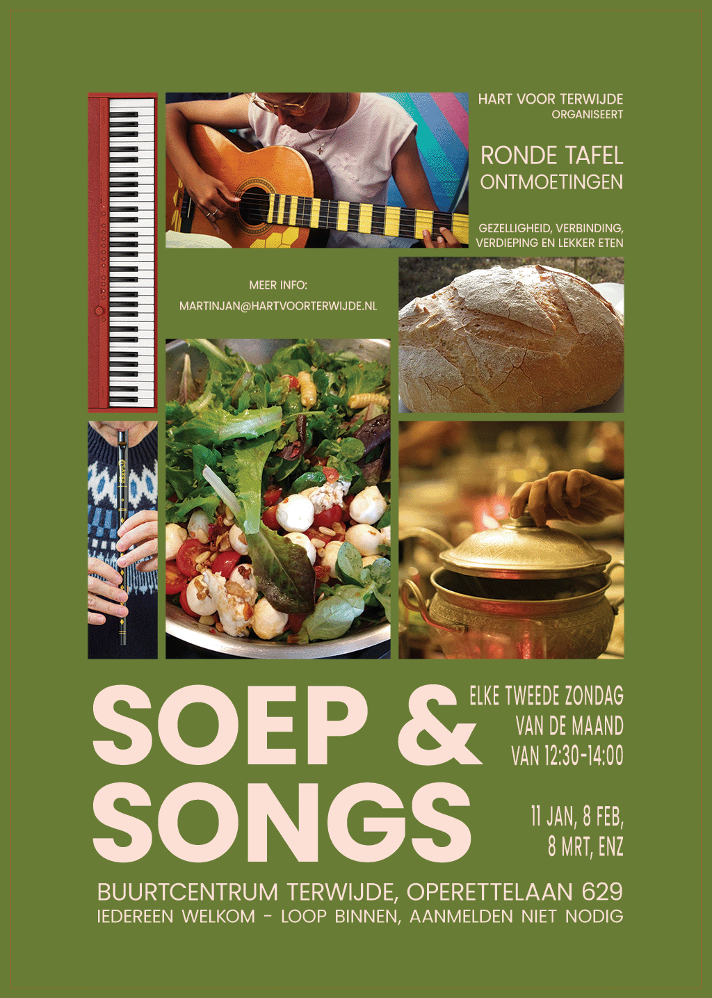 Poster met uitnodiging voor Soep en Songs, elke tweede zondag van de maand van 12:30-14:00 in Buurtcentrum Terwijde